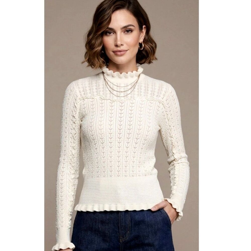 Industry Women Ivory Pointelle Knit Mock Neck Sweater XS Cream Long Sleeve
